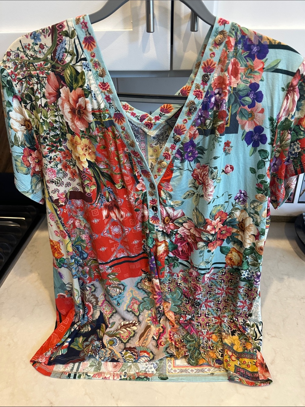 Johnny Was Multicolor Floral Patchwork V-Neck Short Sleeve Top